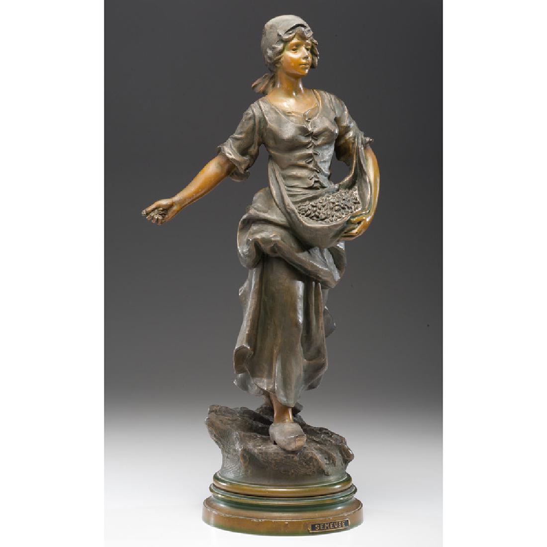Spelter Sculpture After Moreau: Continental, 20th century. A sculpture of a woman, titled Semeuse, after Louis Auguste Moreau (French, 1834-1917); ht. 25.5 in.