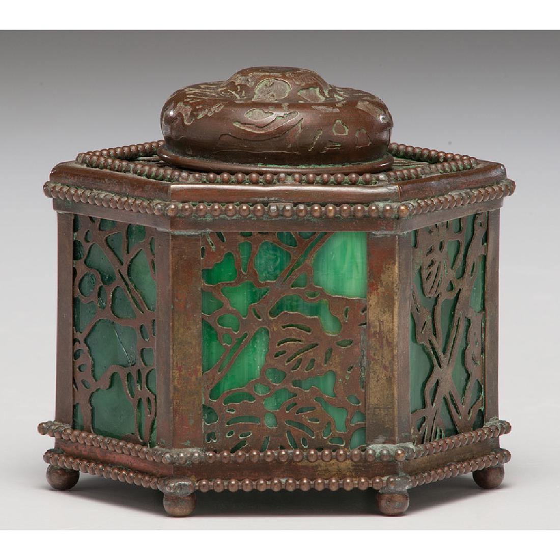 Riviere Studios Inkwell: A bronze and slag glass inkwell, marked on underside; oah. 4, wd. 4.25 in.