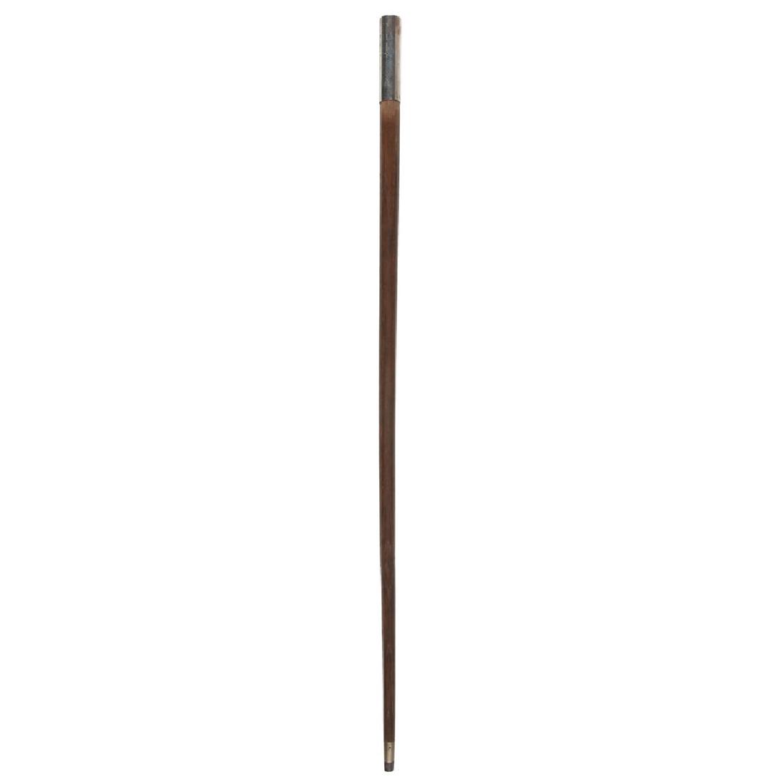 Rev. War Relic Cane Made of Wood from HMS Augusta: Wooden cane, 35.25 in. ln., with sterling silver knob engraved: "John Read Dilworth/ This cane made from wood of the British Frigate Augusta sunk at the battle of Red Bank, October 23rd 1777/ Captain 
