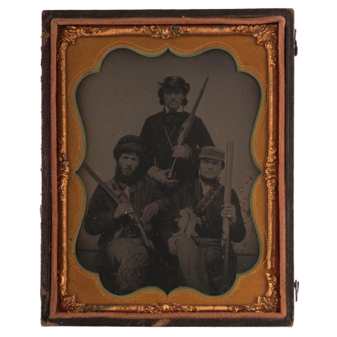 Quarter Plate Tintype of Southern Hunters, One Armed: Quarter plate tintype featuring three southern hunters, each wearing a different hat and holding a weapon, including an 1840s Hall patent breech loading carbine (middle), a double barrel shotgun, and 