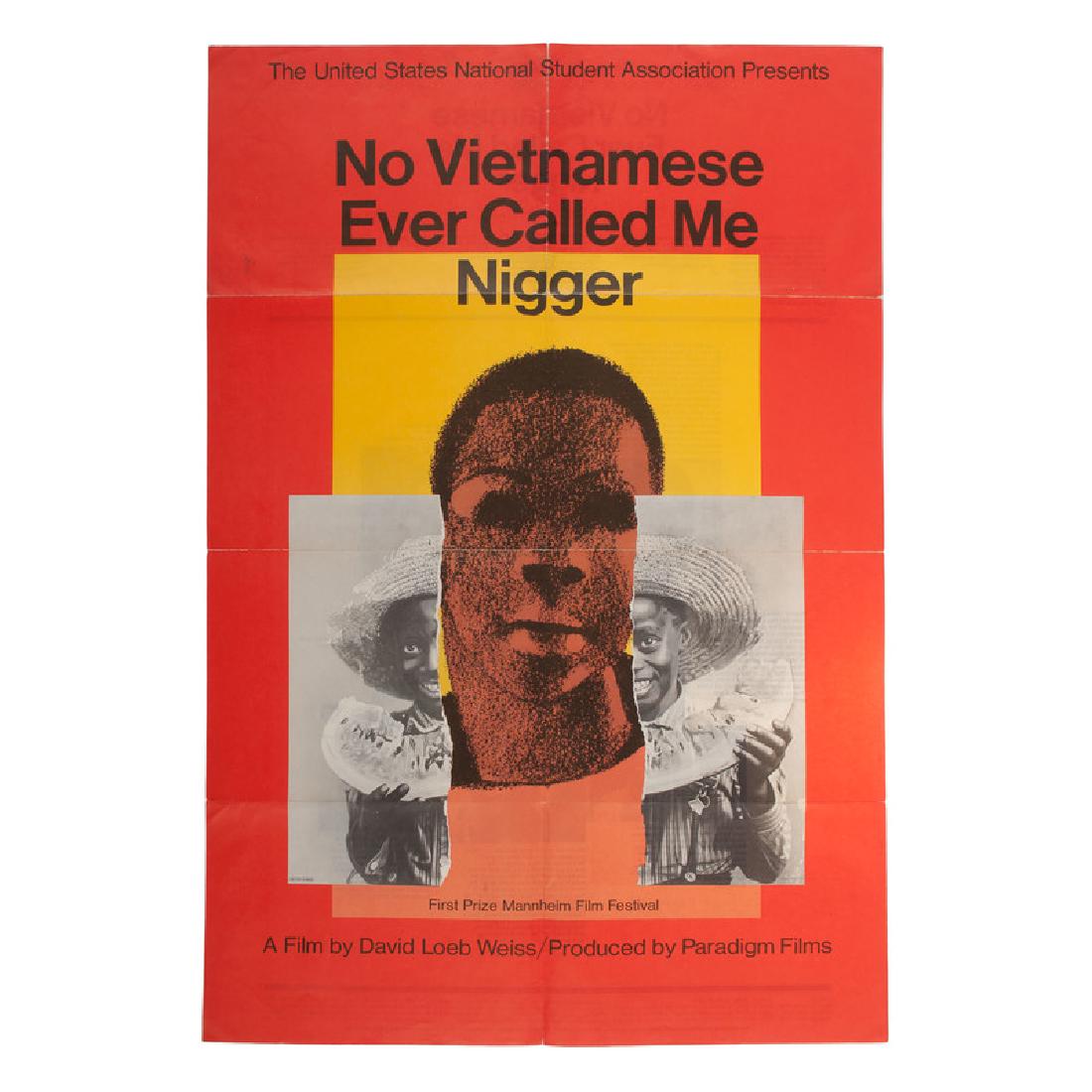 Milton Glaser 1968 Film Poster, No Vietnamese Ever: Printed poster, 23.75 x 35.5 in., promoting the David Loeb Weiss film, No Vietnamese Ever Called Me Nigger, artwork by Milton Glaser, 1968. This powerful, bright red poster features an abstract po