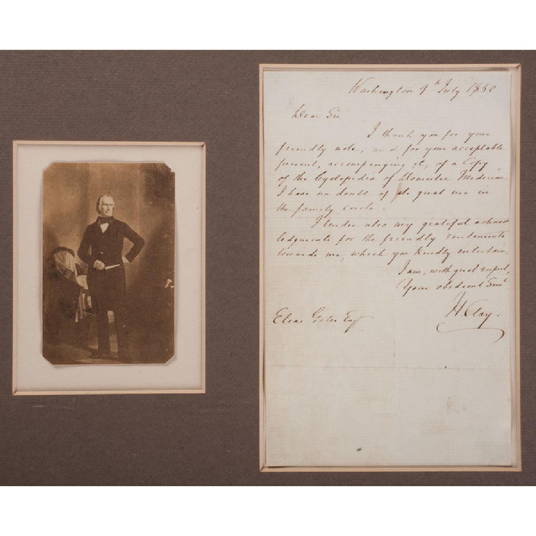 Henry Clay, ALS 1850: Clay, Henry (1777-1852). Senator, Speaker of the House of Representatives, and Secretary of State, known as the "Great Compromiser." ALS, "H. Clay," 1p, 4.25 x 7 in., framed to 14 x 11.5 in., "Washing