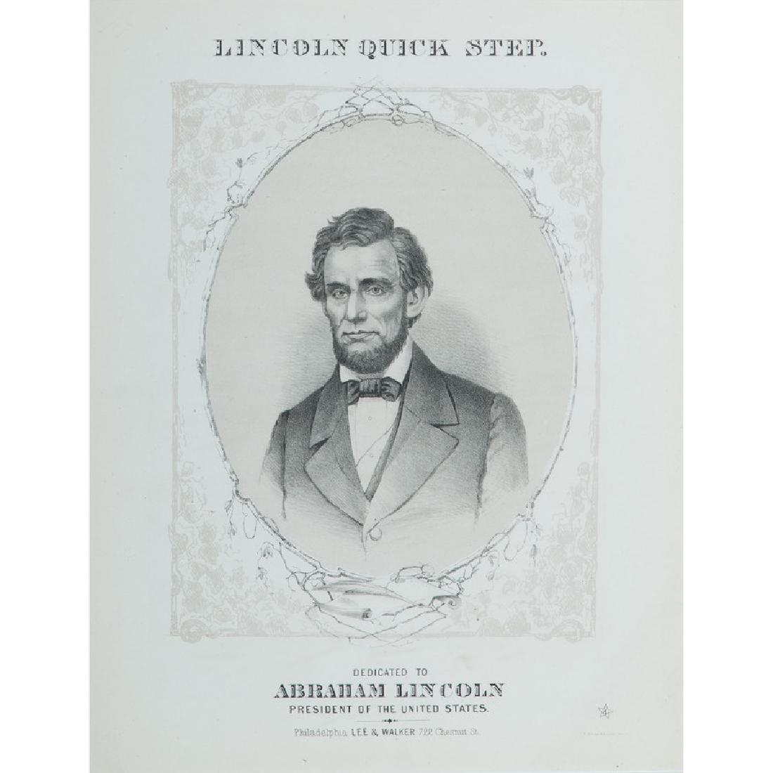 Illustrated Abraham Lincoln Sheet Music, Group of Three: Lot of 3 pieces of sheet music dedicated to Abraham Lincoln and illustrated with his portrait, each approx. 9 x 12 in. (sight), and framed. Titles include: Lincoln Quick Step. Philadelphia: Lee & W