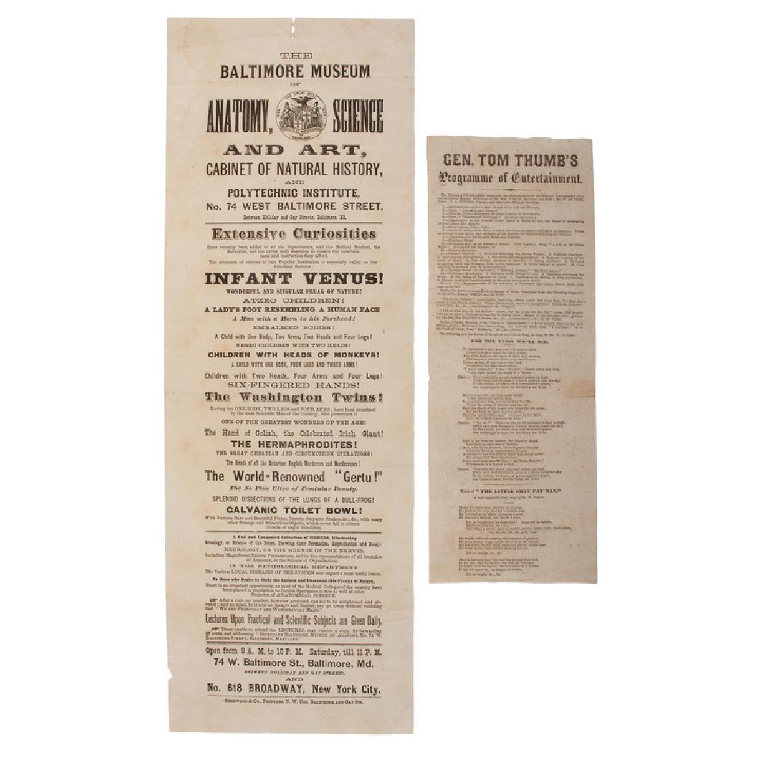 Illustrated Freak and Sideshow Performers Broadsides: Lot of four, including: Double-sided and amply illustrated printed broadside, 9.75 x 28.9 in., advertising the "Van Amburgh! Menagerie, Coliseum, 8 Nation Show and Museum!" Both sides are covered in
