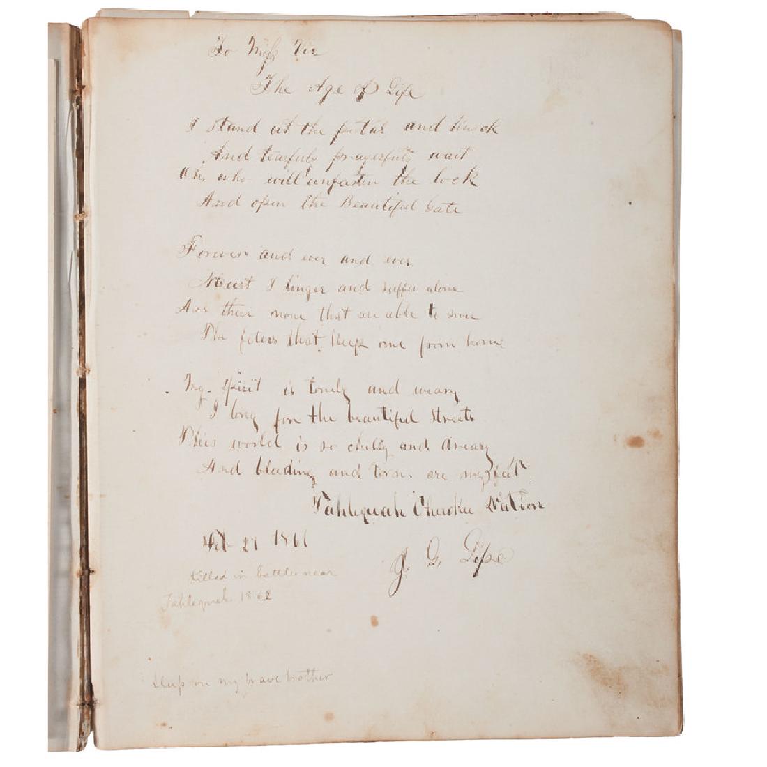 Cherokee Nation Autograph Album Owned by Miss Victoria: Autograph album of Cherokee student Miss Victoria Susan Hicks, 7.5 x 9.25 in., 142 pp, red leather cover with embossed gold lettering which reads “The Casket of Mementos.” Contains more than 50+ u