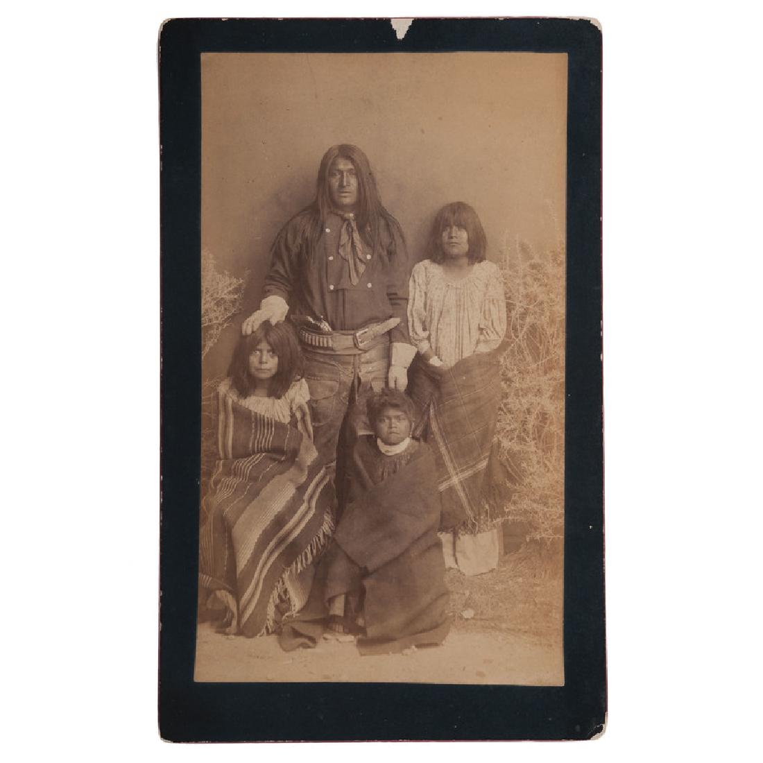 Apache, Frank Yuma and Family, Boudoir Card by A.F.: Boudoir card of an Apache family, with the backmark of A.F. Randall, “Apache Photographs and Views of All Kinds,” Los Angeles, CA, ca 1884-1886. The subjects are identified in period script on mou
