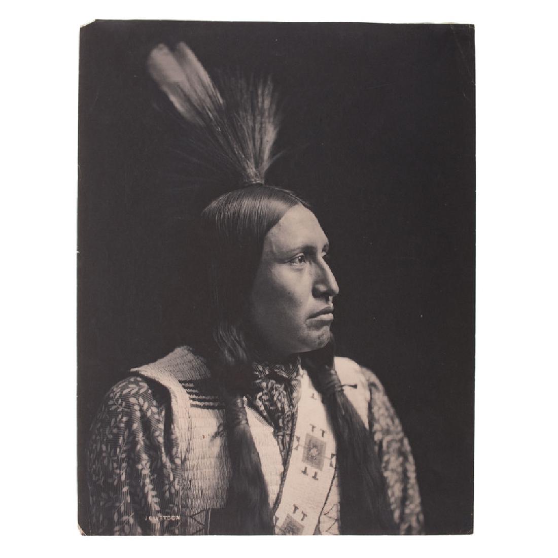 Cherokee Chief Two Bulls, Platinum Photograph by J.E.: Platinum photograph, 10 x 13 in., credited lower left in the negative, "J.E. Watson." Partially mounted along top edge and matted. Ca 1890s. A striking photographic portrait of Two Bulls, a Cherokee