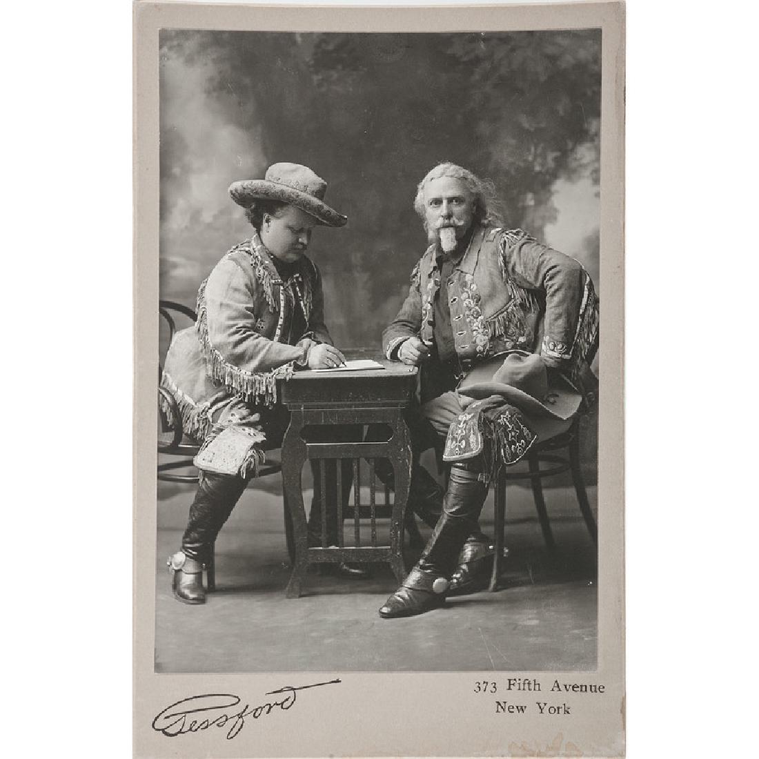 Buffalo Bill Cody and Pawnee Bill aka Gordon W. Lillie,: Silver gelatin cabinet card by Gessford of New York showing Buffalo Bill (William Frederick Cody) and partner Pawnee Bill (Gordon W. Lillie) posed as if signing a contract. Both showmen wear fringed