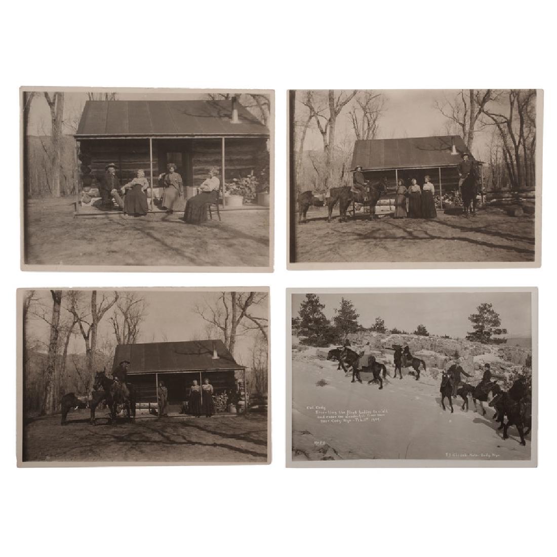 William F. Cody with Friends and Family at his Bobcat: Lot of 4 photographs, each 5 x 7 in., including a series of 3 taken at the Bobcat Ranch near Cody, Wyoming, on the banks of the South Fork of the Shoshone River, not far from the TE Ranch. Cody appear