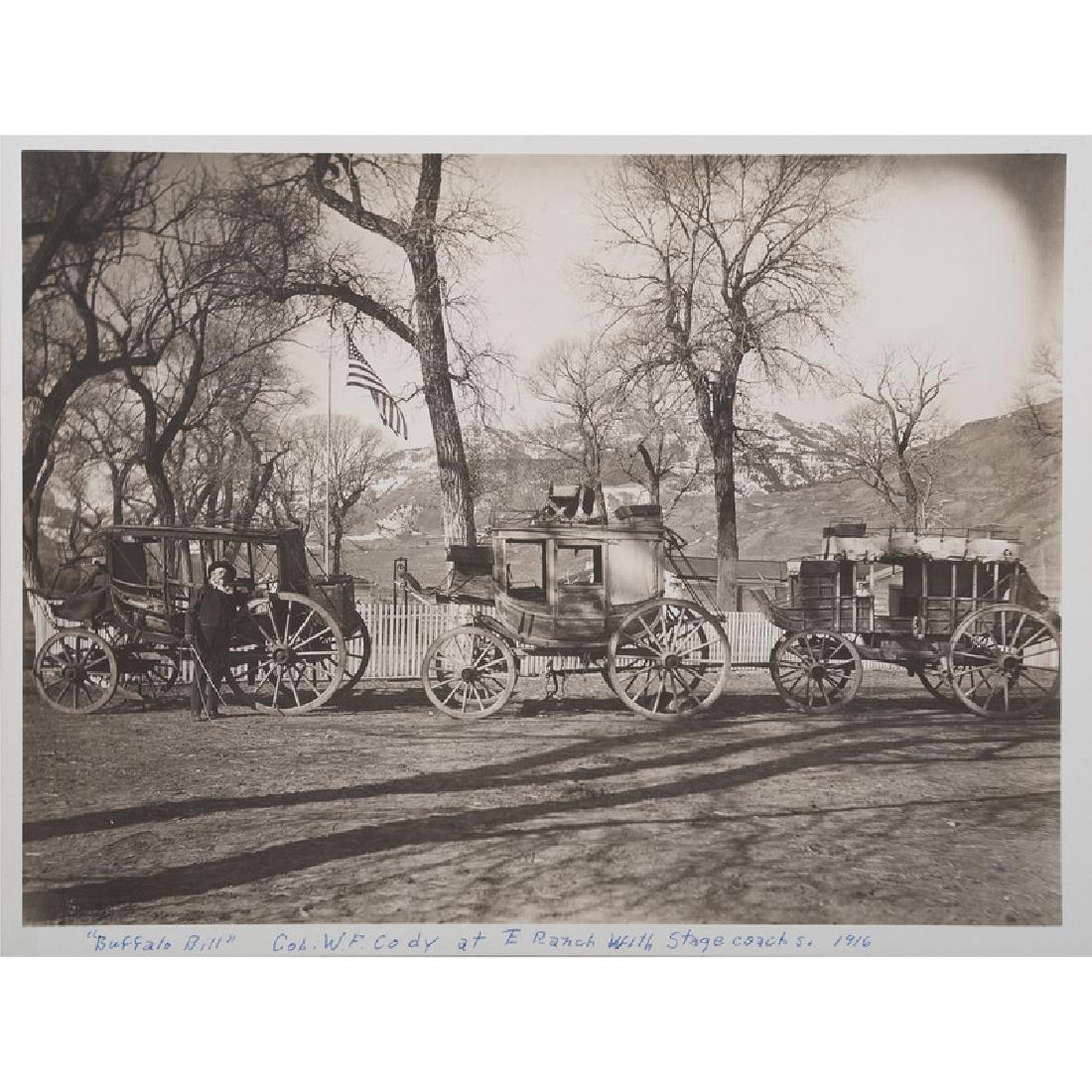Fine Series of Photographs of William F. Cody at his TE: Lot of 7 photographs, each a 6.5 x 8.5 in. silver gelatin print on 10 x 12 in. mount, lacking a photographer's imprint. The first in the series, showing the aging Cody posed with three stagecoaches ou