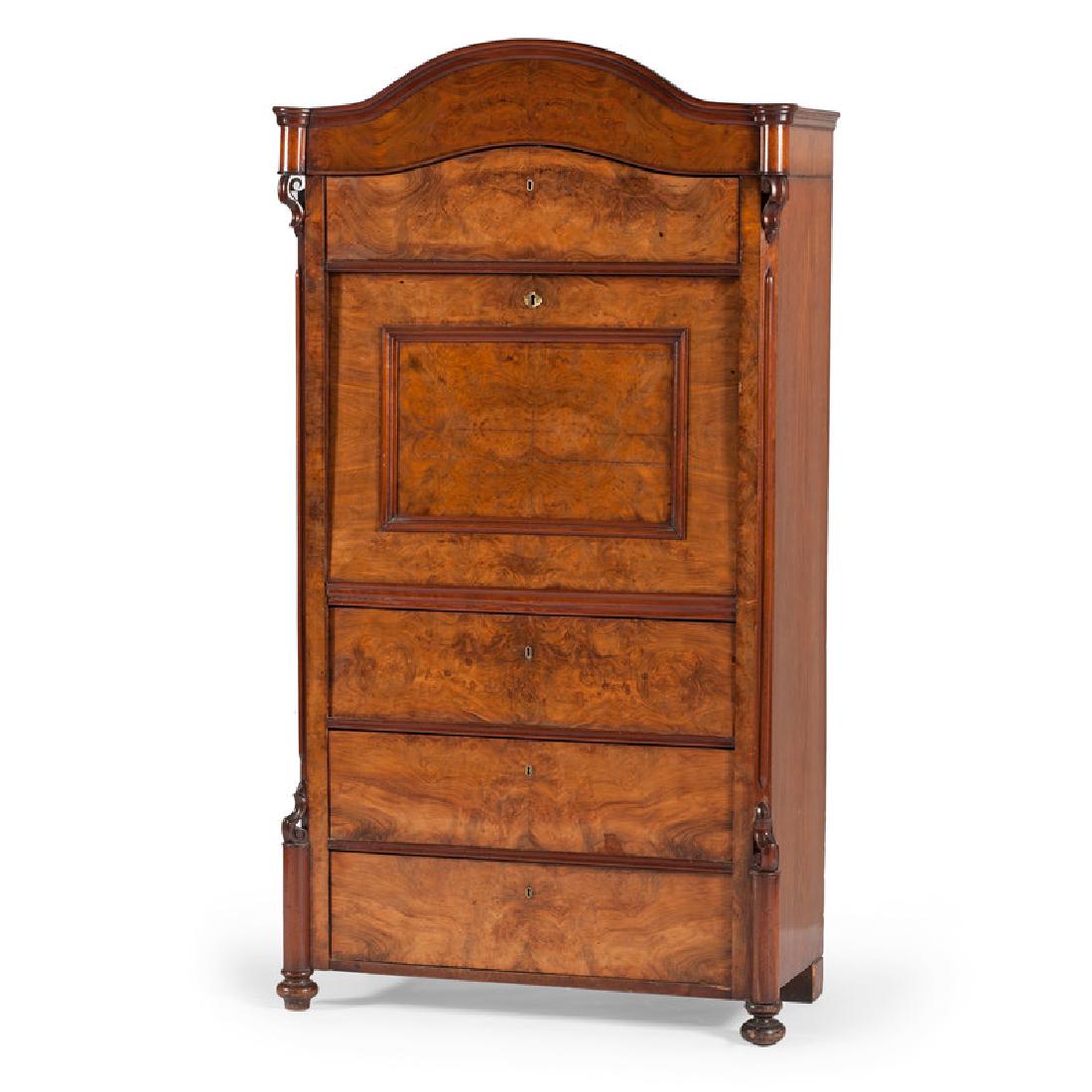 Biedermeier Secrétaire à Abattant: Continental, 19th century. A Biedermeier secrétaire à abattant in burled walnut with pine secondary, having a curved pediment with rounded corners, single drawer frieze, the paneled fall front writi