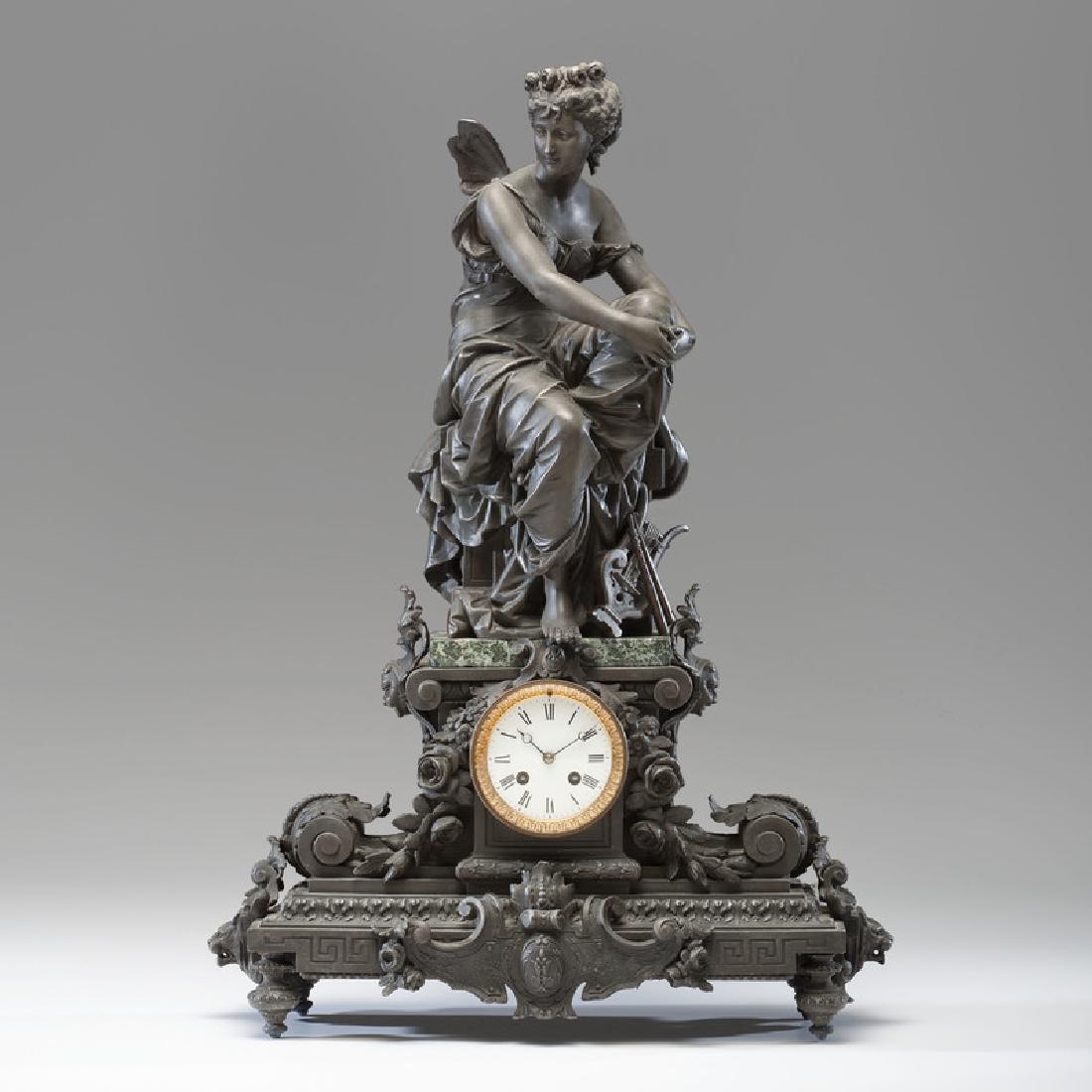 French Figural Mantle Clock, Signed Bouret: French, 19th century. A bronze figural mantle clock with a classical seated female figure holding a harp, atop a bronze and marbleÂ shaped and scrolling base, signed for Eutrope Bouret, unidentified