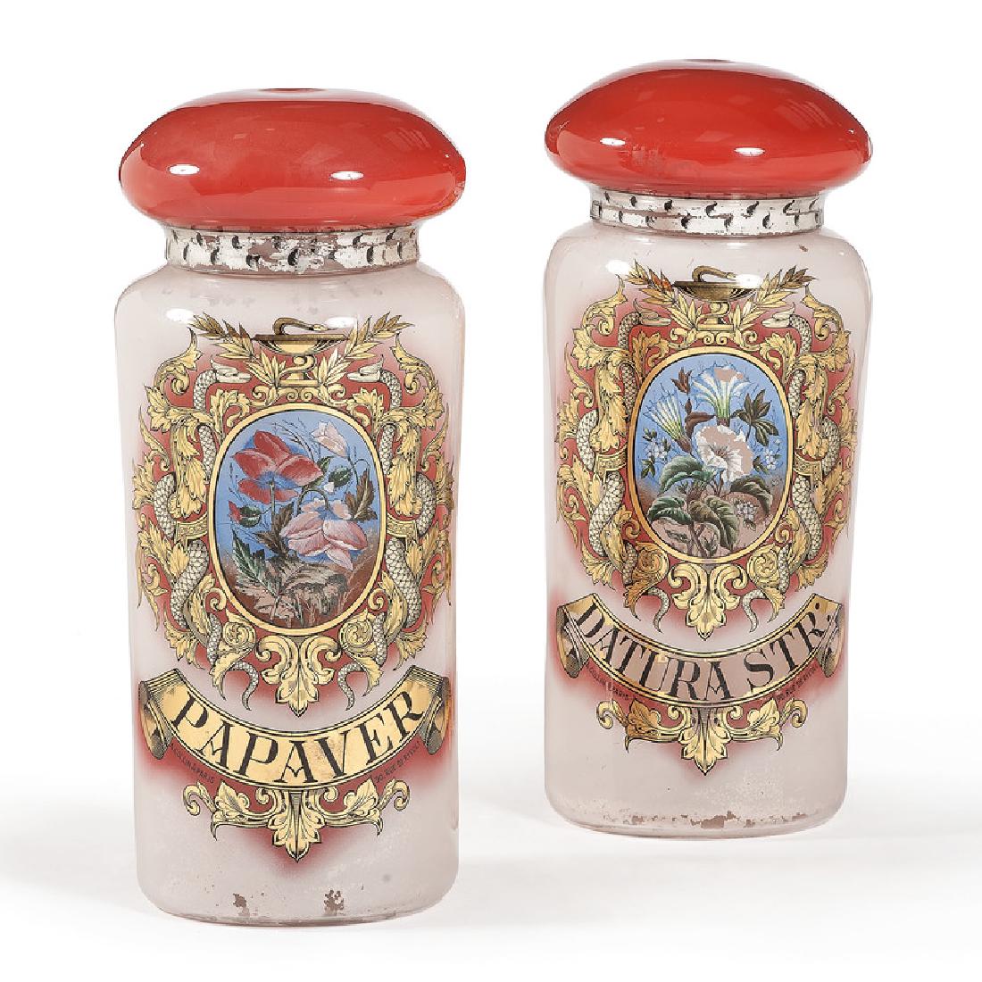 Parisian Reverse-Painted Glass Apothecary Display Jars: French, 19th century. A pair of glass apothecary store display jars with domed lids, having reverse-painted labels and decoration including Papaver and Datura Str. with their depictions. Both labeled 