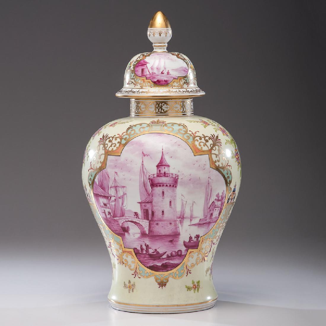 Monumental Dresden Porcelain Urn: German, late 19th-early 20th century. A monumental Dresden porcelain urn by the Carl Thieme Factory, with polychrome Chinoiserie decorations surrounding reserves of figures and boats in a seascape, ma