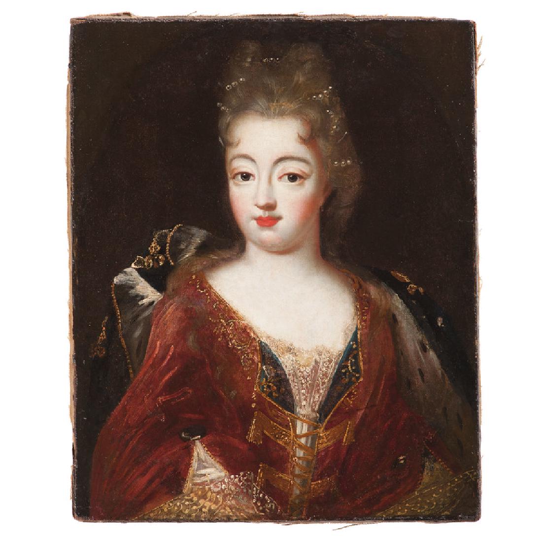 School Of Mengs, Portrait of Empress Marie-Thérèse of: Continental, likely Austrian or German, 18th century. Oil on canvas, unframed, previously housed in an oval frame. The sitter is identified as Empress Marie-Thérèse d'Autriche (1717-1780) on a hand-