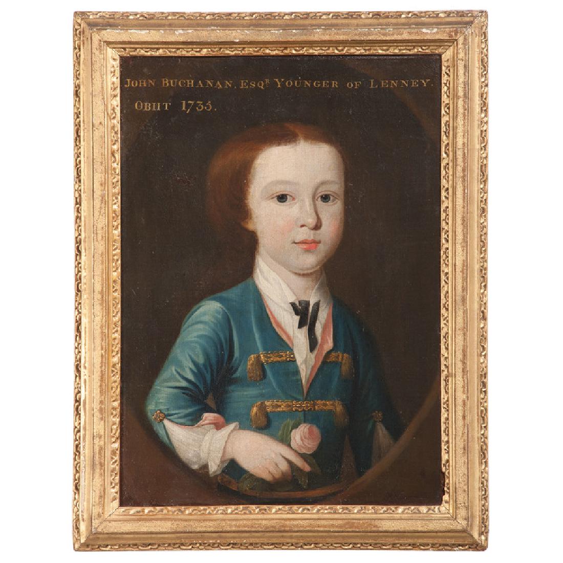 English Portrait of John Buchanan, Esquire Younger of: English, 18th century. Oil on canvas, housed in a gilt frame. A portrait of a young boy holding a rose, identified at top as John Buchanan, Esqr. Younger of Lenney / Obiit 1735, unsigned; 21 x 15 in. 