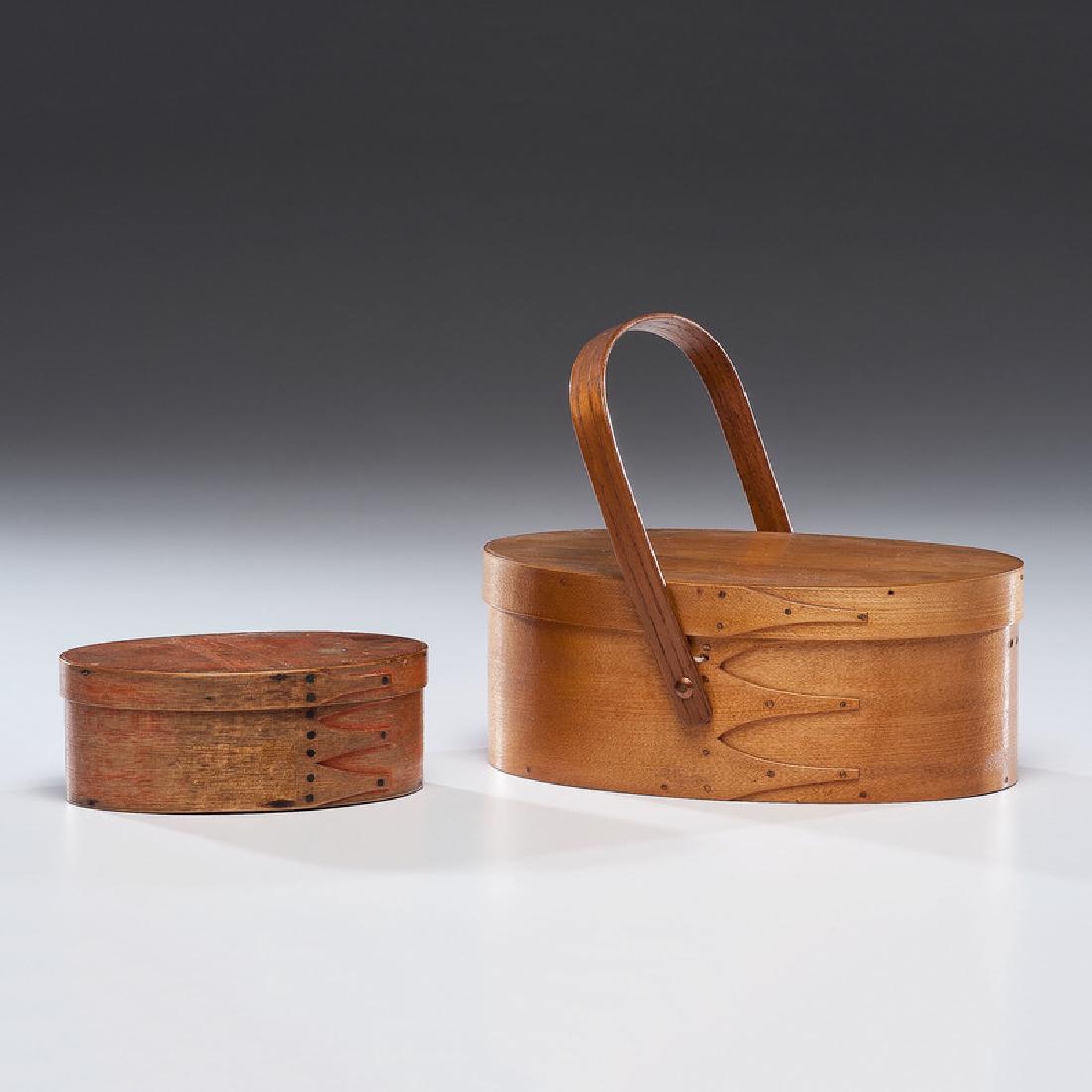 Mount Lebanon and Canterbury Shaker Village Boxes: American (New York and New Hampshire). A four-finger Shaker sewing box with bentwood handle and silk interior from the Mount Lebanon Shaker Village in New Lebanon, New York, and a four-finger box with