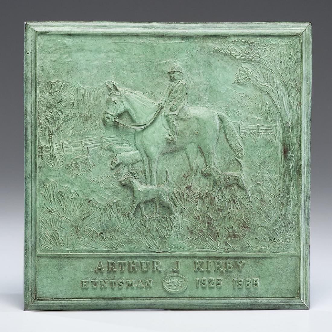 Bronze Hunting Plaque by Tom Hewlett: Tom Hewlett (American, 20th century). A bronze plaque commemorating hunter Arthur J. Kirby, signed l.r.; 11.5 x 11.25 in. Thomas H. Hewlett was born in Philadelphia of British parents in 1898, and die