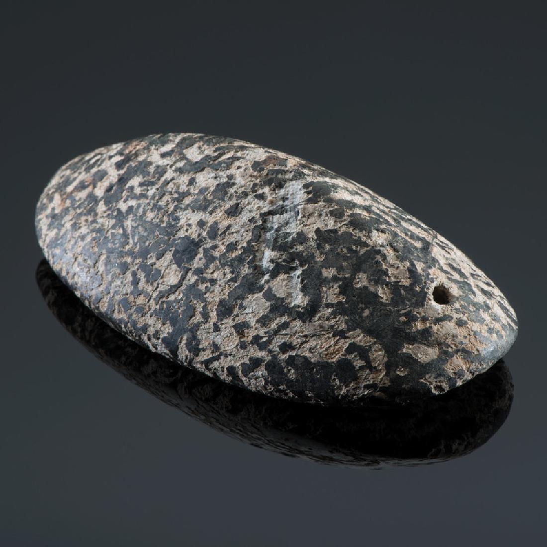 A Rare Humped Granite Gorget: Late Archaic - Early Woodland Period, 3000 B.C. - A.D. 500length 3.5 in. This rare gorget type is made from speckled granite. Not many of these gorgets made from hardstone are known in collections. Pr