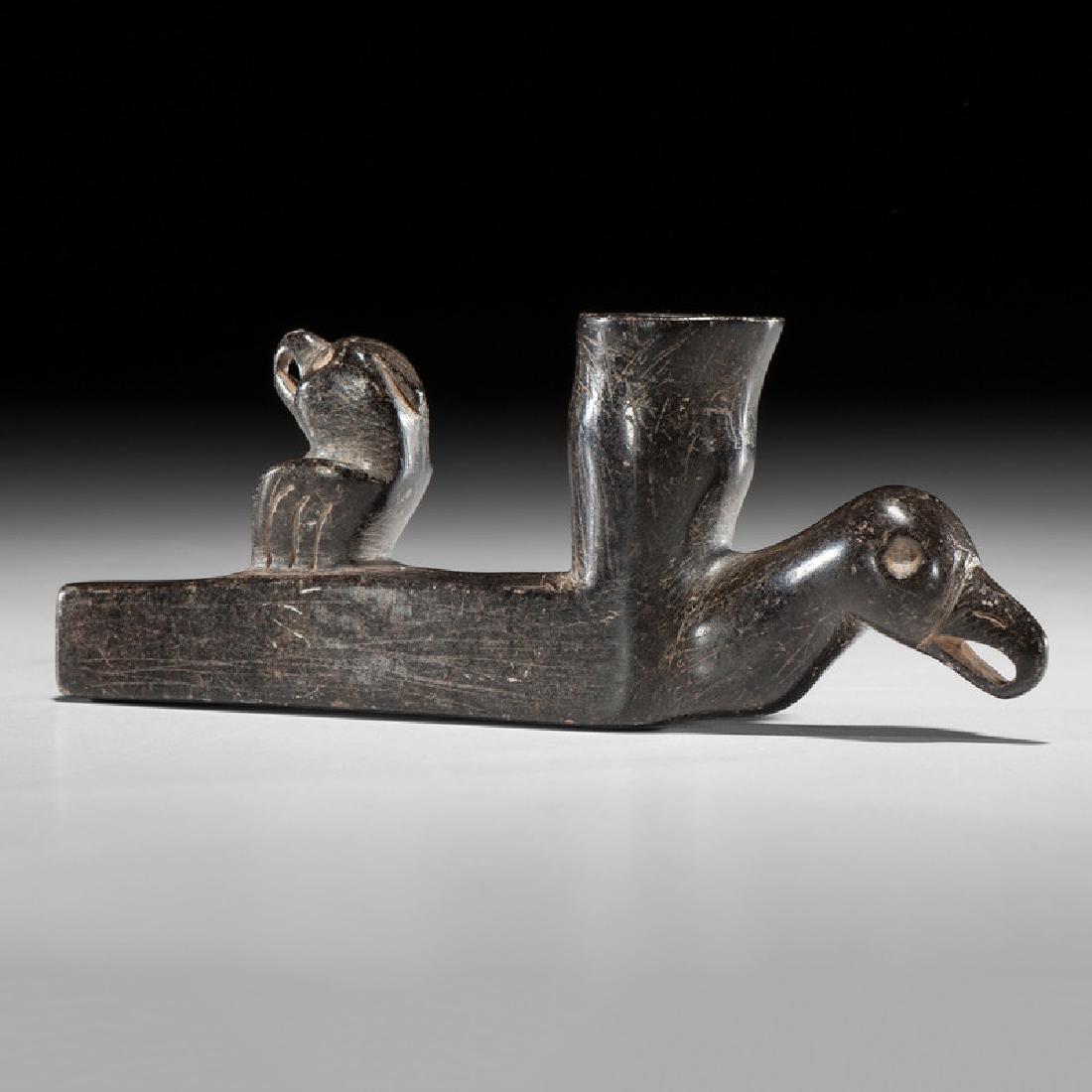 A Steatite Cherokee-Style Bird Effigy Pipe: Contemporary length 6.25 in.