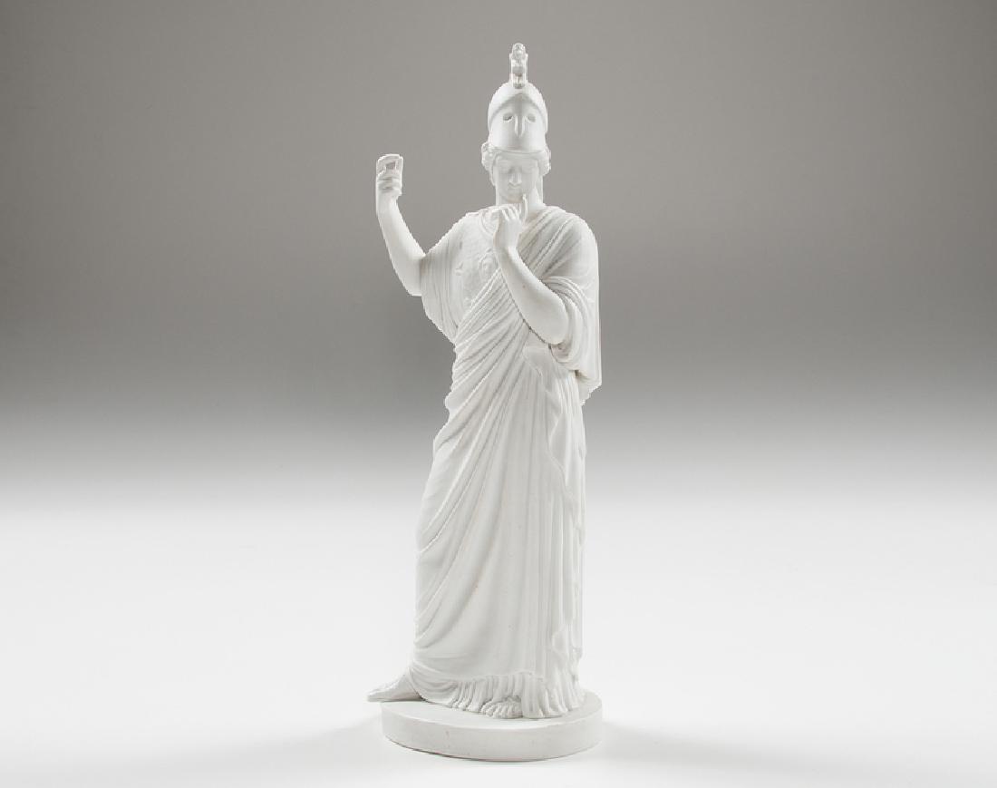 Royal Copenhagen Parian Athena: Danish, 19th century. A parian Athena figurine donning war helmet and chest plate, marked on back with Royal Copenhagen hallmark and impressed with Eneret TS; ht. 16, wd. 5.75, dp. 4.25 in.