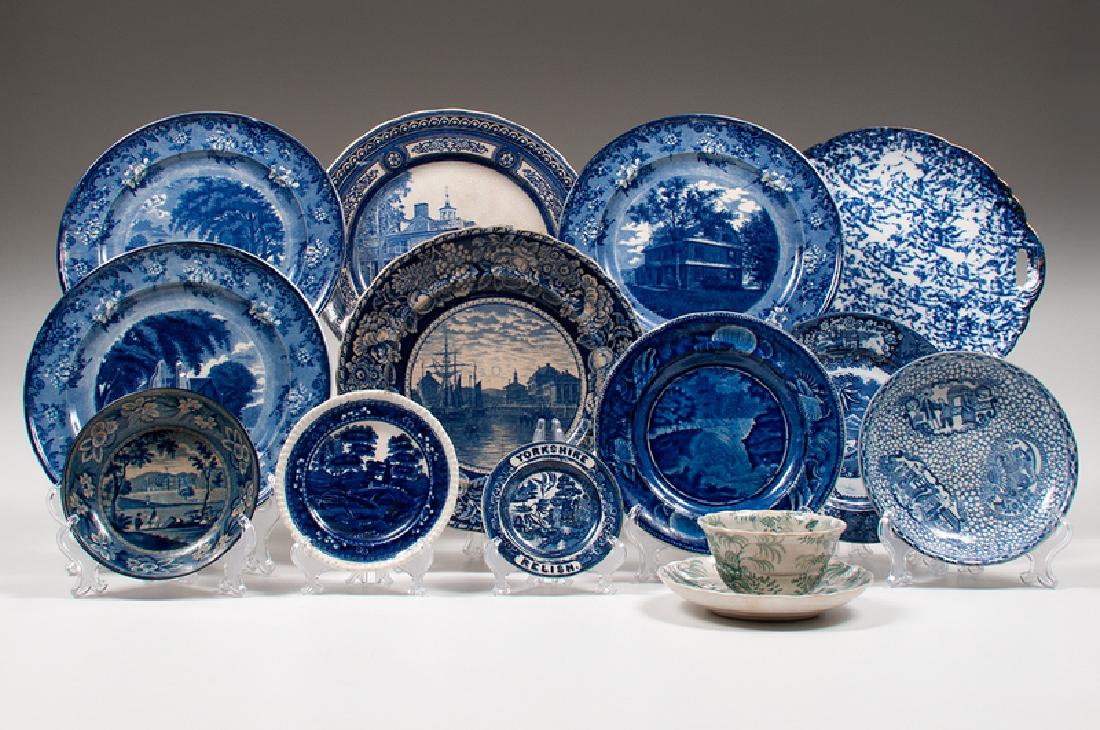 Historical Blue Plates, Plus: American, 19th century. A grouping of eight historical blue plates, including three plates by Wright Tyndale and Van Roden featuring the Penn Treaty Tree, the birthplace of Benjamin West Swarthmore, a