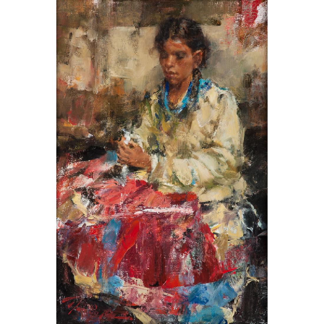 Ramon Kelly (American, b. 1939) Oil on Canvas: The Lace Vender unsigned; titled on reverse (sight) 17.5 in. x 11.5 in., (framed) 27 in. x 21 in.