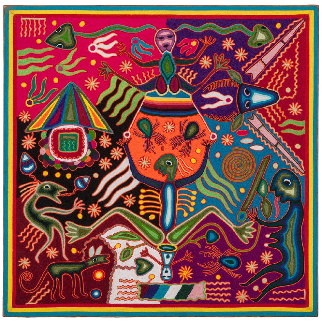 Jose Benitez Sanchez (Huichol, 1938-2008) Yarn Painting: with description, signature, and titled on reverse (framed) 23 x 23 in. From the Collection of William H. Saunders, M.D. and Putzi Saunders, Ohio