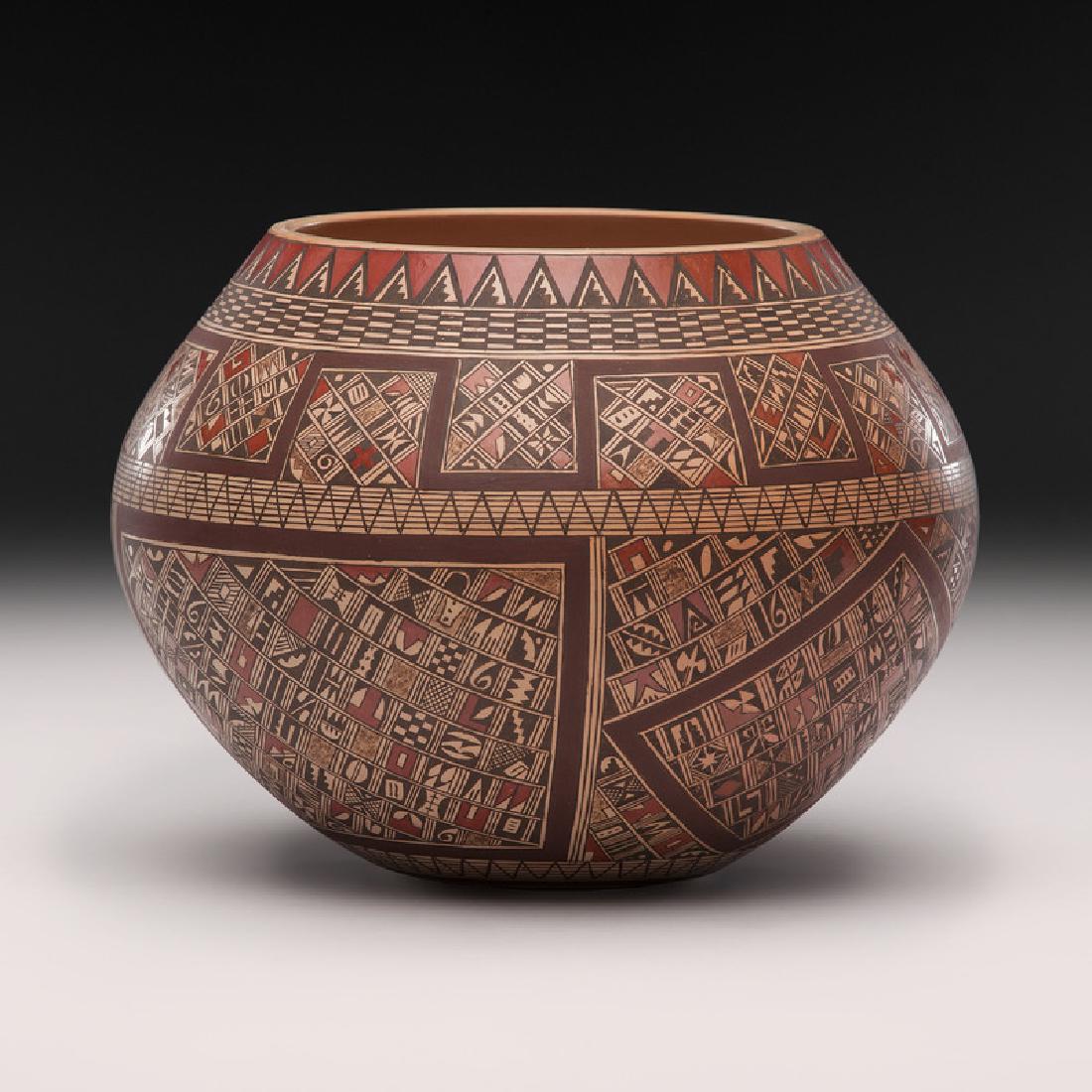 Rondina Huma (Hopi-Tewa, b. 1947) Pottery Bowl, From: heavily decorated with a complicated design of geometric elements and fine lines; signed on base, height 5.75 in. x diameter 7 in. 1996 From the Collection of William H. Saunders, M.D. and Putzi Saund
