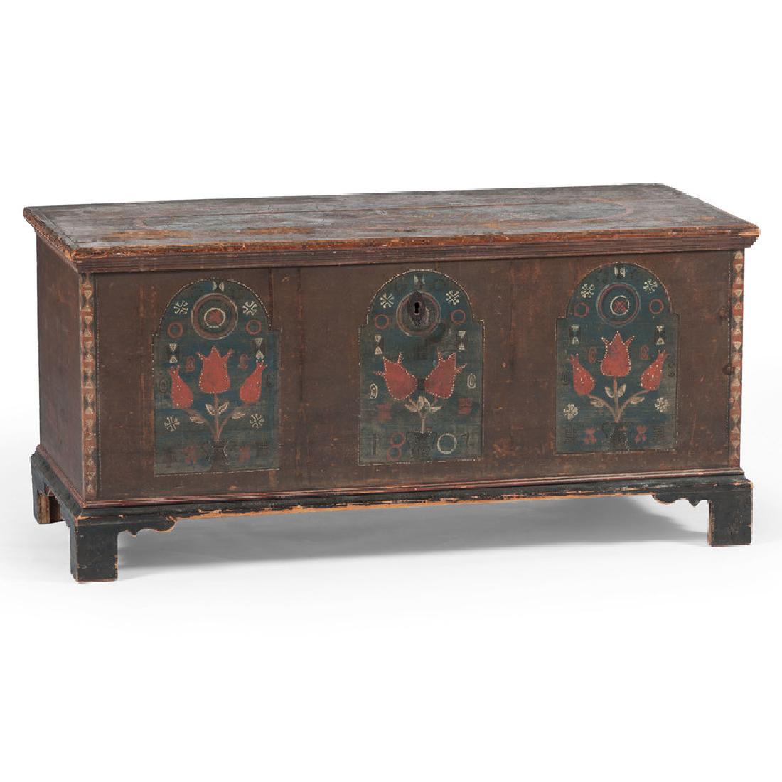 Pennsylvania Berks County Painted Blanket Chest: American (Berks County, Pennsylvania), ca 1807. A paint decorated blanket chest in poplar, having a molded lift top surface with interior till, the dovetail constructed case dated and paint decorated 