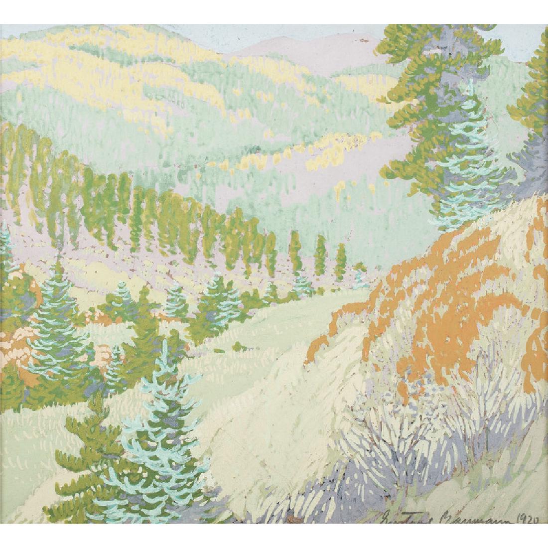 Gustave Baumann (German-American, 1881-1971): Landscape gouache and pencil on paper signed and dated 1920 in pencil l.r. mratted 9 x 10 in. (sight) 17 x 18 in. (mat)