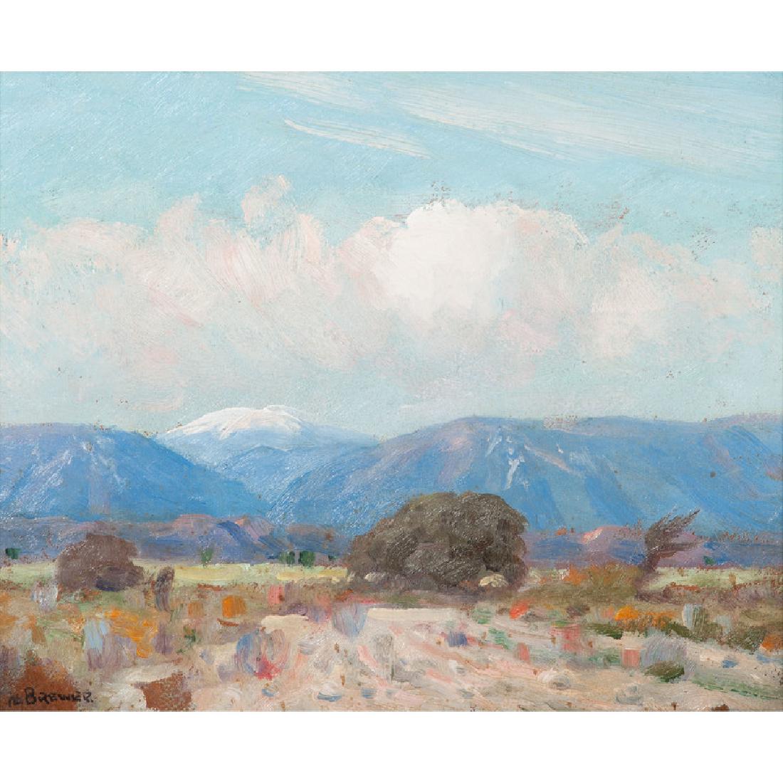 Nicholas Brewer (American, California, 1857-1949): Landscape oil on board signed l.l. framed 8.5 x 10.5 in. (sight) 13 x 14.75 in. (frame)