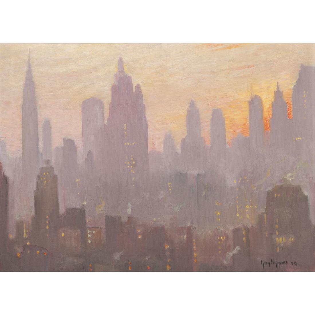 Guy Carleton Wiggins (American, 1883-1962): New York Sunset oil on canvas signed l.r. signed, titled, and dated 1945 on reverse framed 21.5 x 29.5 in. (sight) 27.25 x 35.25 in. (frame)