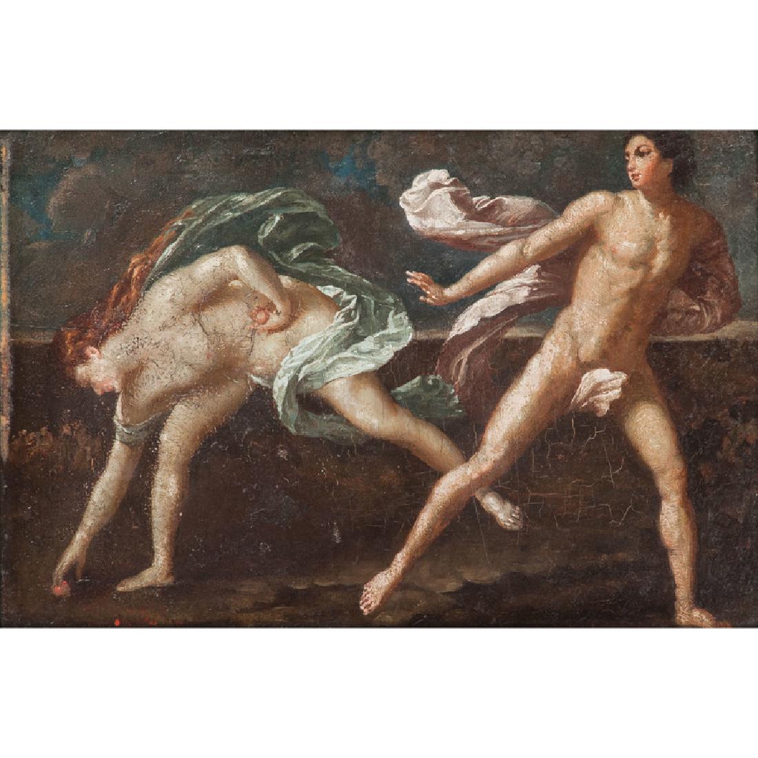 After Guido Reni (Italian, 1575-1642): Continental. Oil on board after Reni's Atalanta and Hippomenes. Housed in a gilt frame with title plaque and inscription on back describing the legend along with a partially legible inscription 54 rue