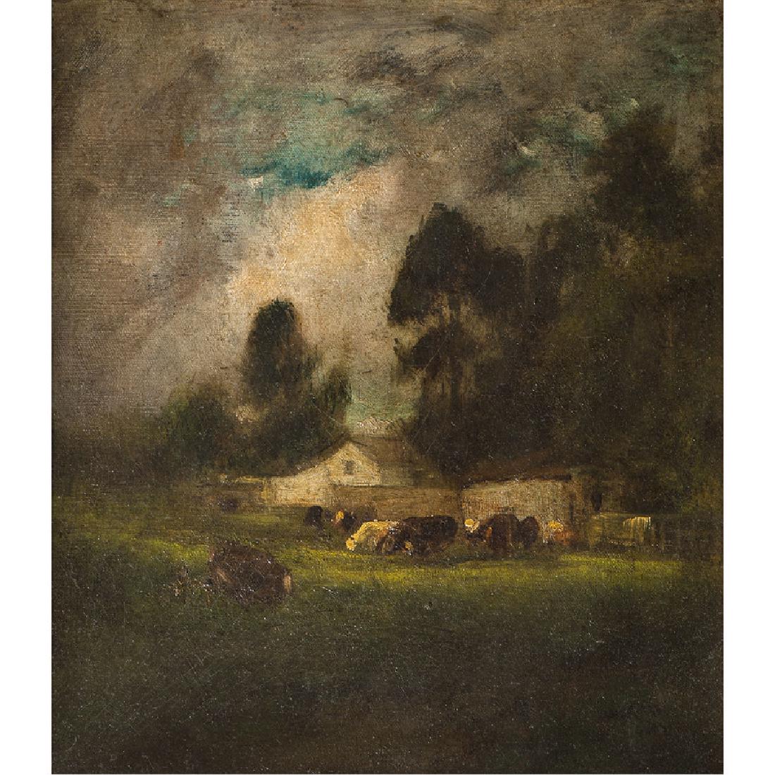 William Keith (American, 1838-1911): Cattle Grazing oil on board signed l.r. and dated illegibly framed 17.5 x 15.25 in. (board)26 x 24 in. (frame)