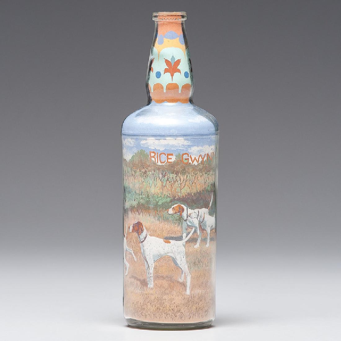Brazilian Folk Art Sand Bottle by Edgar Freitas: Brazilian, 20th century. A large folk art sand bottle with four hounds amidst a landscape, and decorative borders to the neck of the bottle, the name Rice Gwynn in large letters above the hounds, and 