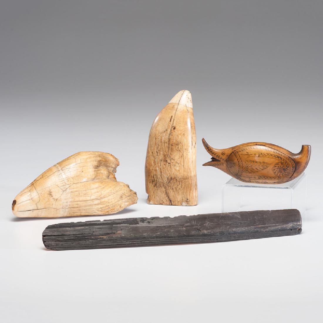 Scrimshaw Teeth, Busk and Snuff Box: 19th century. An engraved sperm whale tooth with worn portraits of women on each side, an early sperm whale tooth, a carved baleen busk with primitive scratched design on one face, and a carved wooden