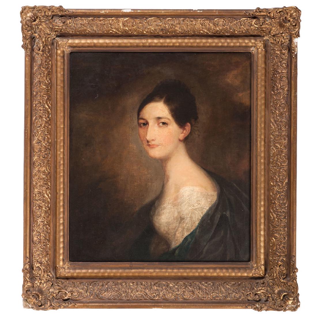 Portrait of Abigail Martin Fearing (1785-1874): American, ca 1810. Oil on wood panel, framed. A portrait of Abigail Martin Fearing, in the manner of Gilbert Stuart, unsigned; 26.75 x 22.75 in. (sight), 38.25 x 34.75 in. (frame). Abigail (also spell