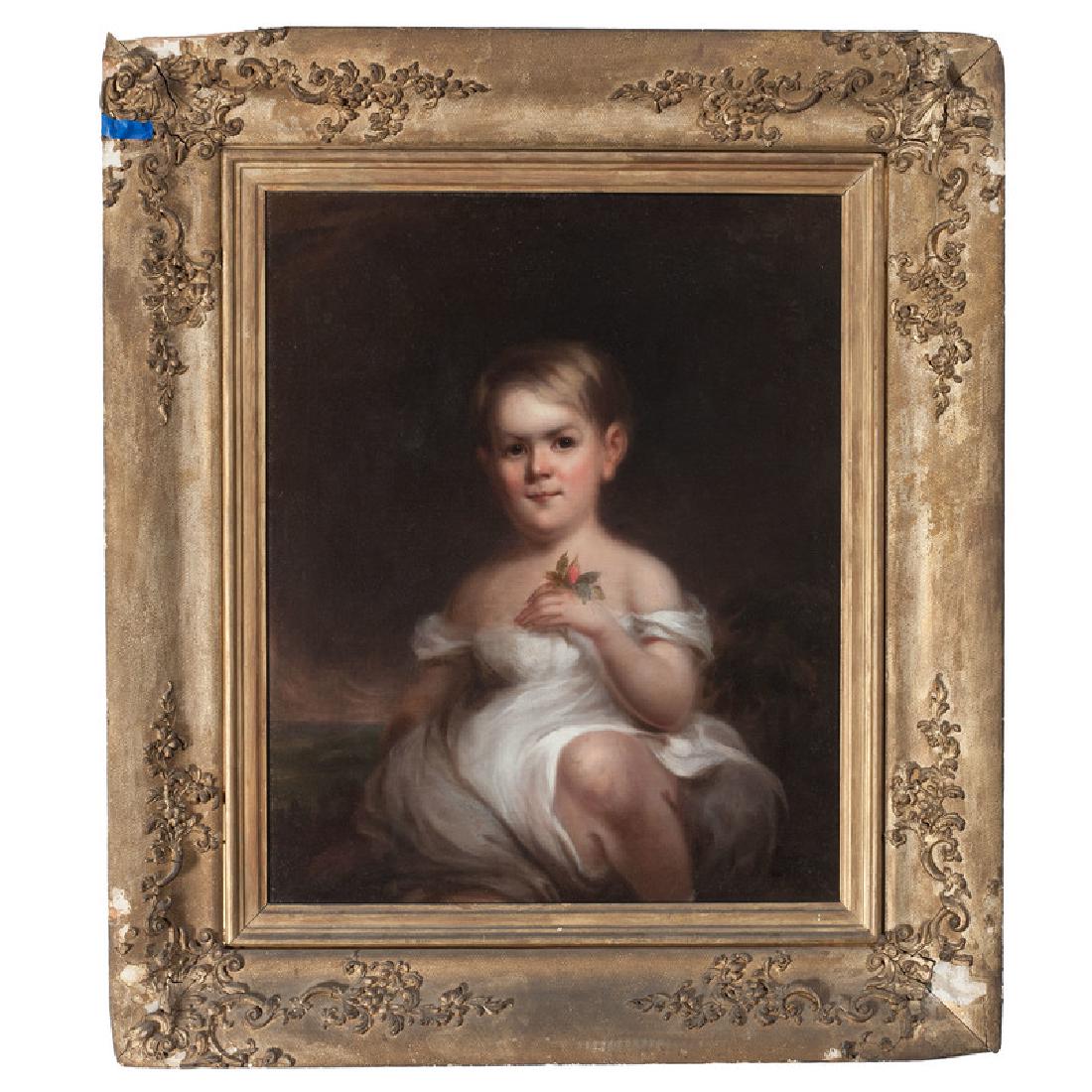 Portrait of a Child, Manner of Thomas Sully (1783-1872): Manner of Thomas Sully (English-American, 1783-1872). Oil on canvas, housed in a gilt frame. A portrait of a child in a white dress, unsigned; 26.5 x 21 in. (sight), 38 x 33 in. (frame).
