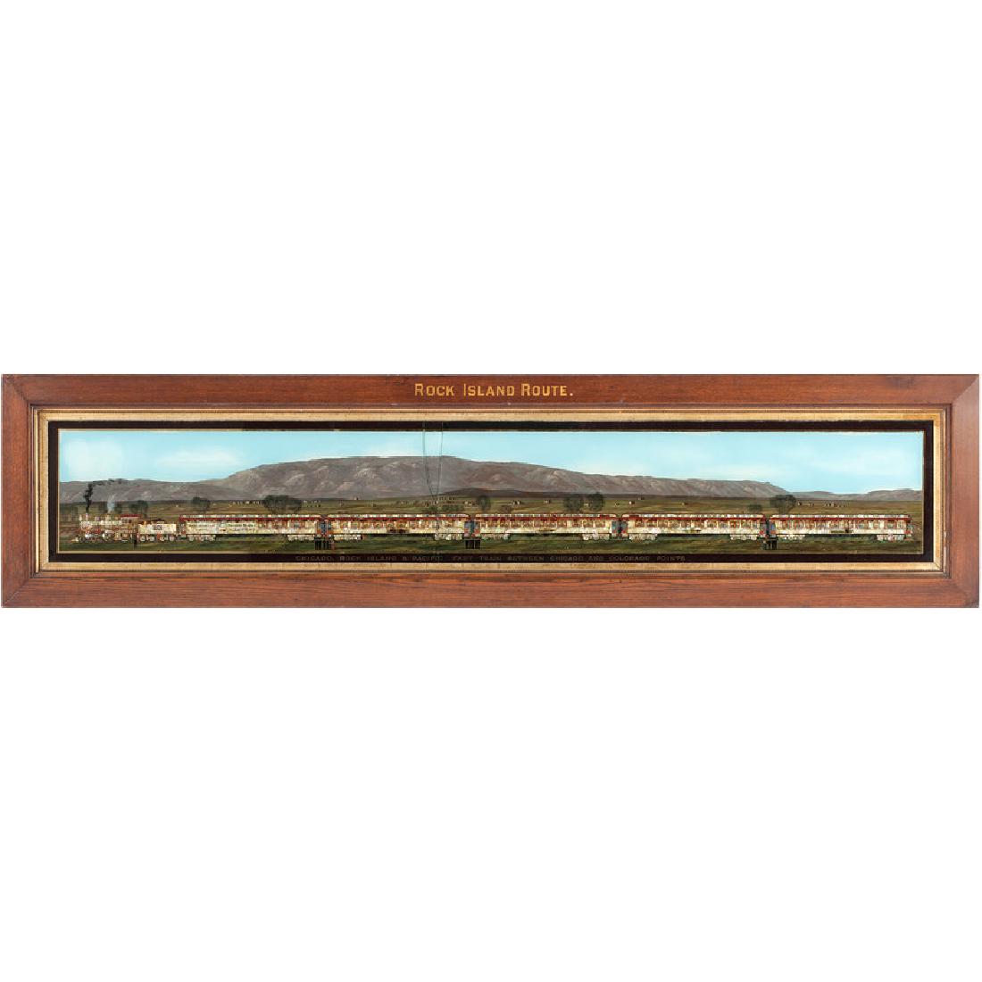 Reverse Glass Panorama Rock Island Railroad: Attributed to Andrea T. Gavell, an employee of the Rock Island Railroad (American, active late 19th-early 20th century), ca 1905. A panoramic reverse glass and mother-of-pearl inlaid advertisement for