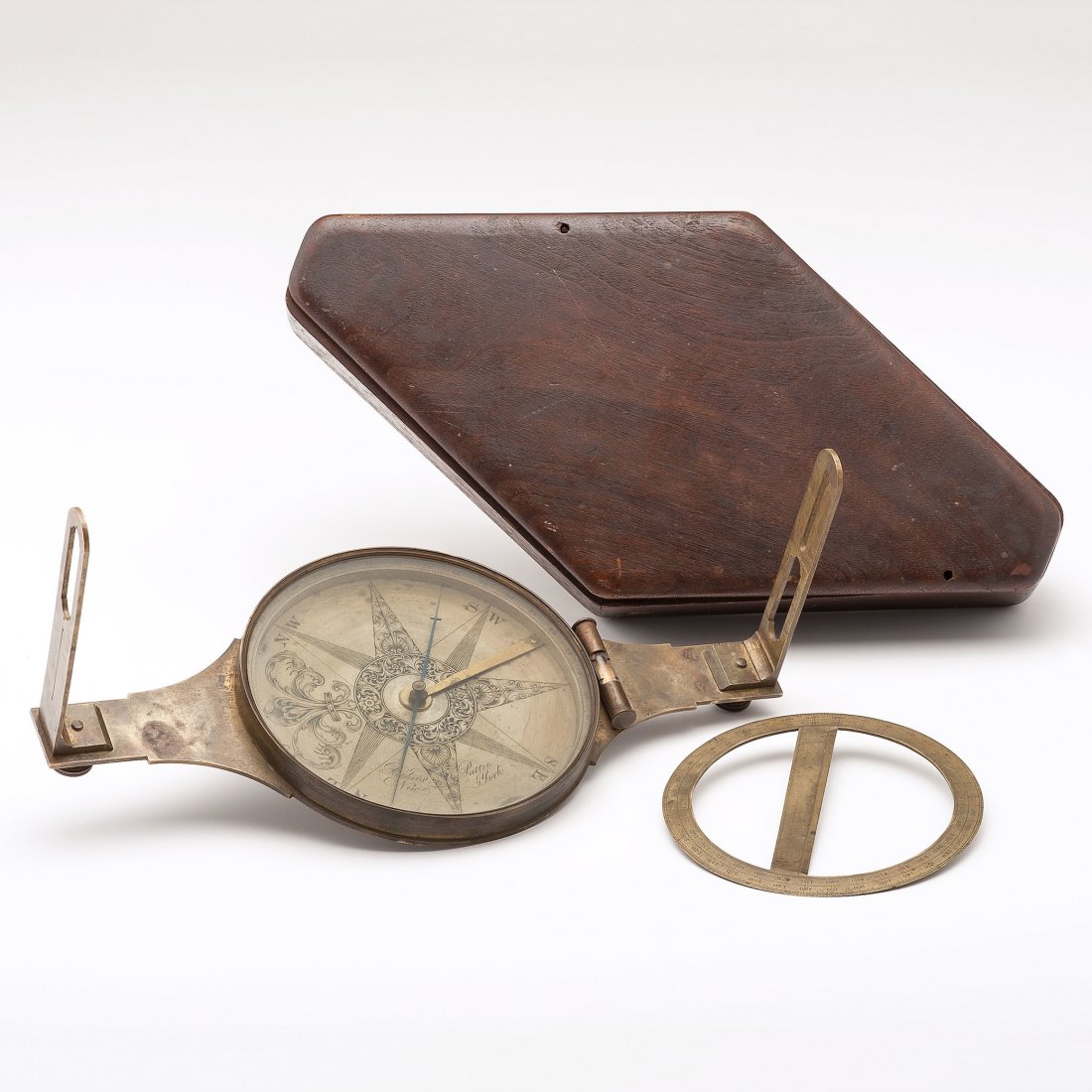 Richard Patten Surveyor Compass in Original Case: American (New York), first quarter 19th century. A surveyor compass in original fitted mahogany case, signed Richard Patten New York. Includes spirit level and sighting vanes. The wooden dial cover is