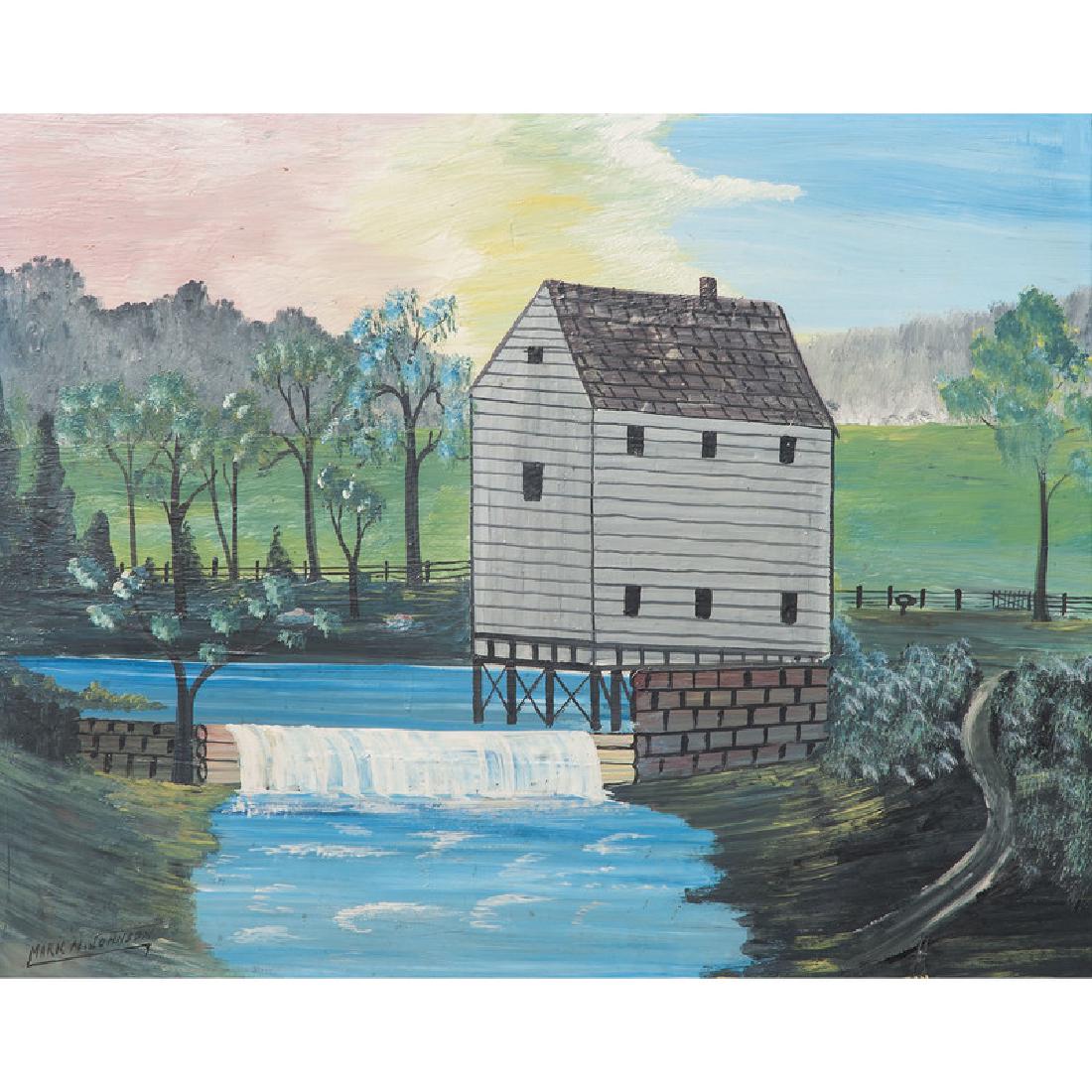 Primitive Painting on Glass: American, 20th century. A primitive landscape painting on glass signed Mark M. Johnson, framed; 16 x 20 in. (glass panel). This work was acquired in the 1960s by Edgar A. Albin, former head of the art