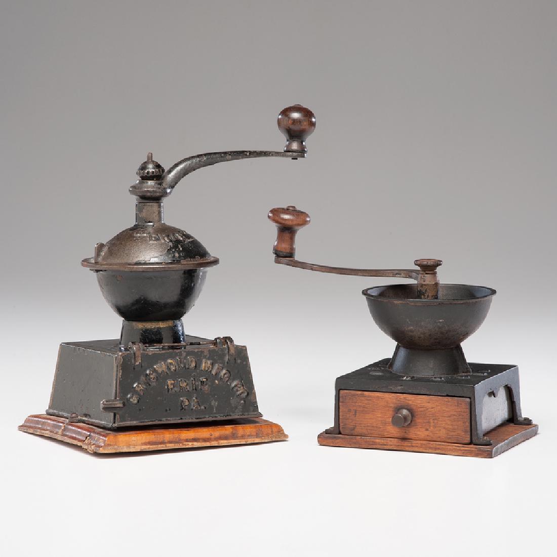 Griswold Erie and New Union New Model Cast Iron Table: American. Two cast iron table mills, including a Griswold Mfg Co. grinder with Erie embossed on hopper and a New Union mill with New Model embossed at base, design based on an 1885 patent; Griswold mi