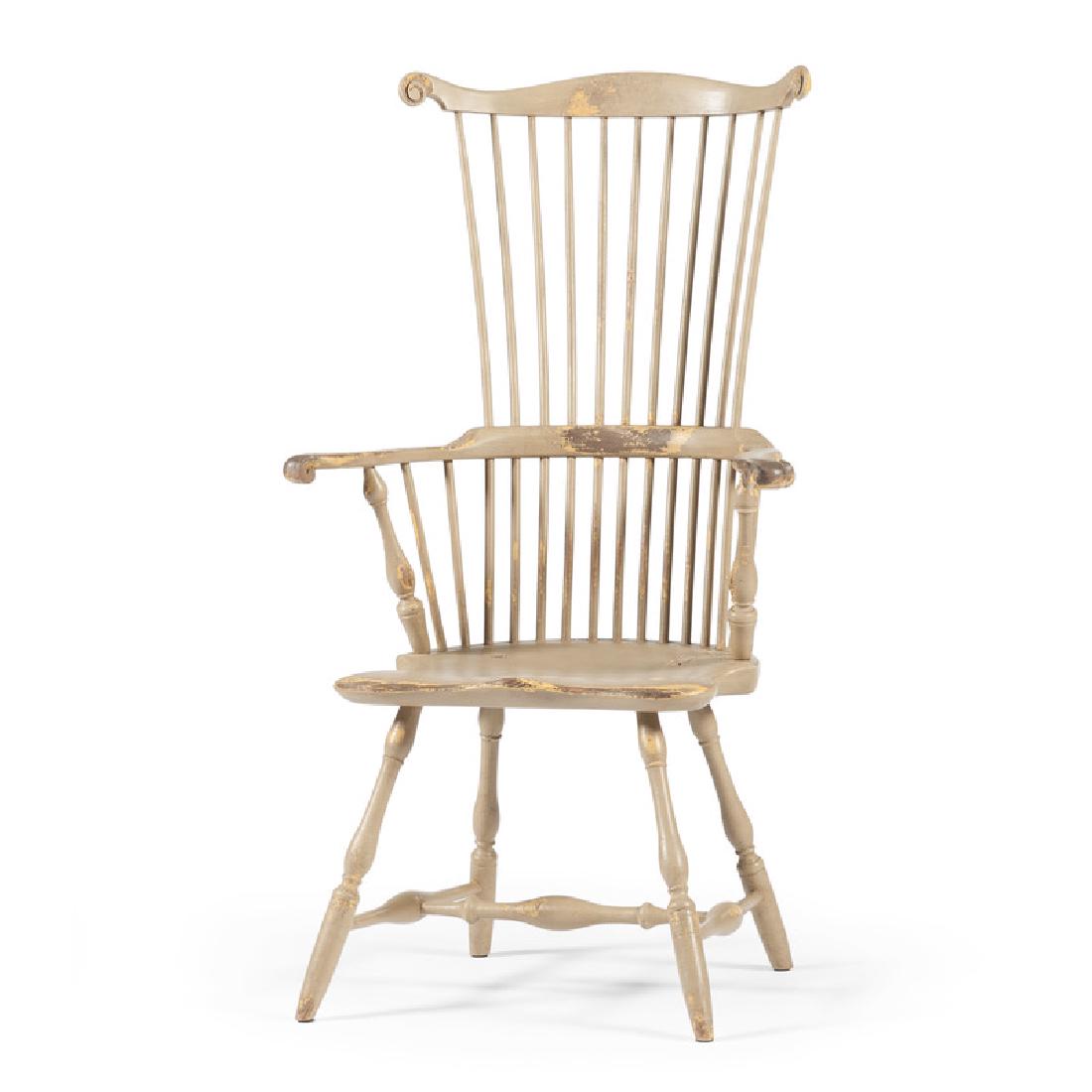 Fanback WIndsor Chair by W. Wallick: American (Wrightsville, Pennsylvania.), 20th century. A painted fanback Windsor armchair, having scrolled ears with continuous knuckle arms, and a plank seat, rising on turned legs with baluster turne