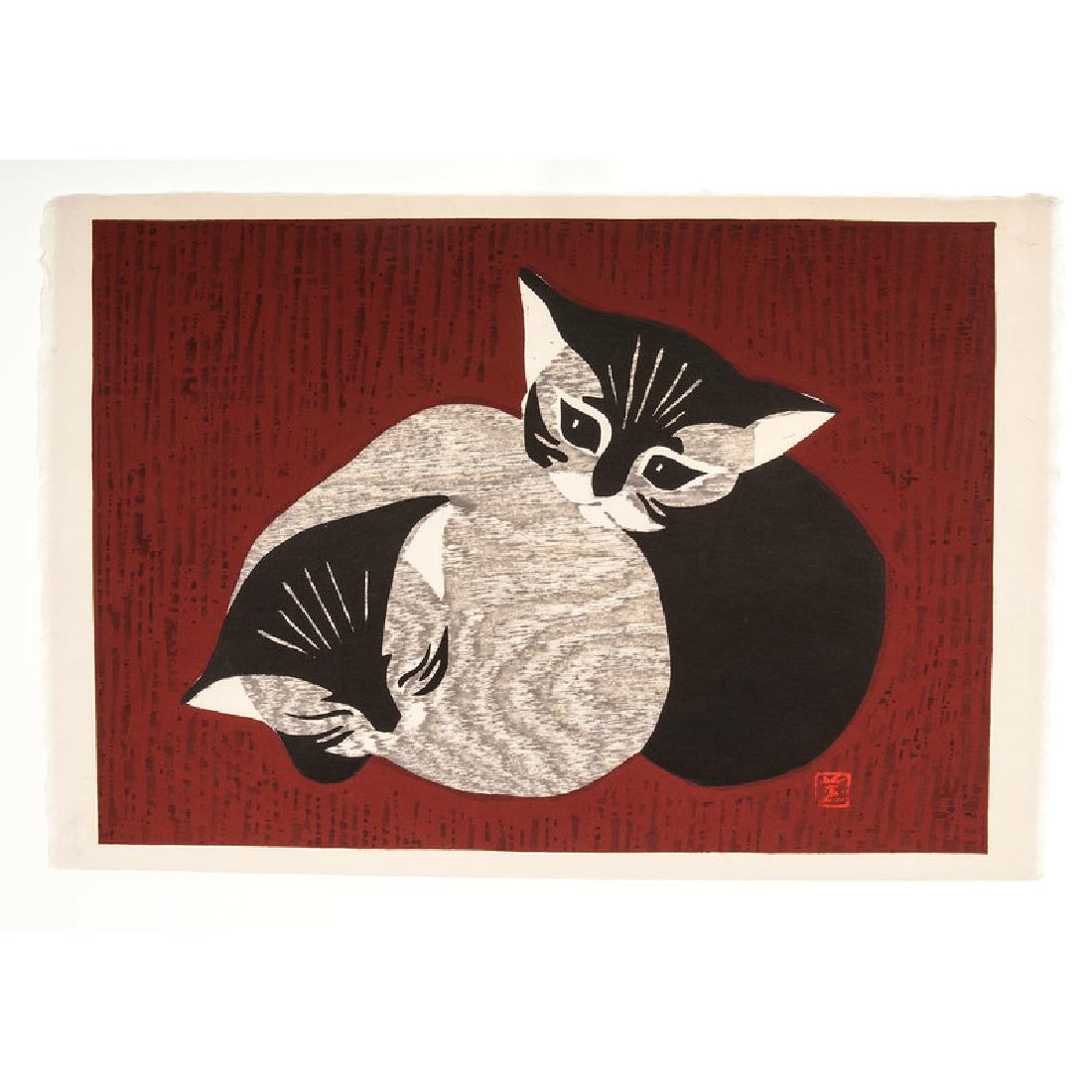 Seicho (Japanese, 1813-1869), Kaoru Kawano (Japanese,: Cats woodblock prints (3) each unframed largest 13 x 17.5 in. (sheet)