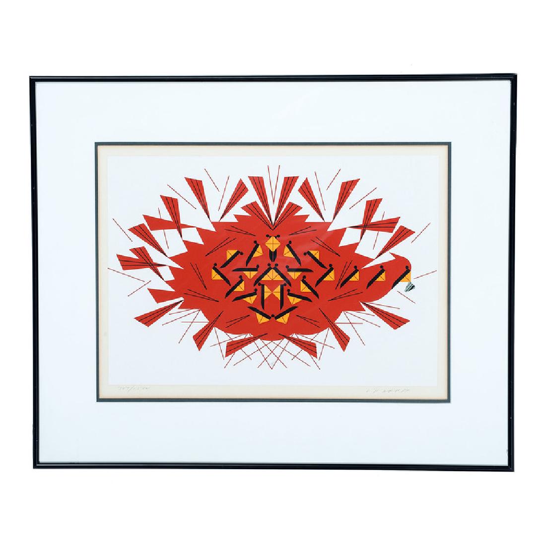 Charley Harper (American, 1922-2007): The Last Sunflower Seed serigraph signed l.r. numbered 347/1500 l.l. framed and matted 14 X 20 in. (sight) 22 X 27 in. (frame)