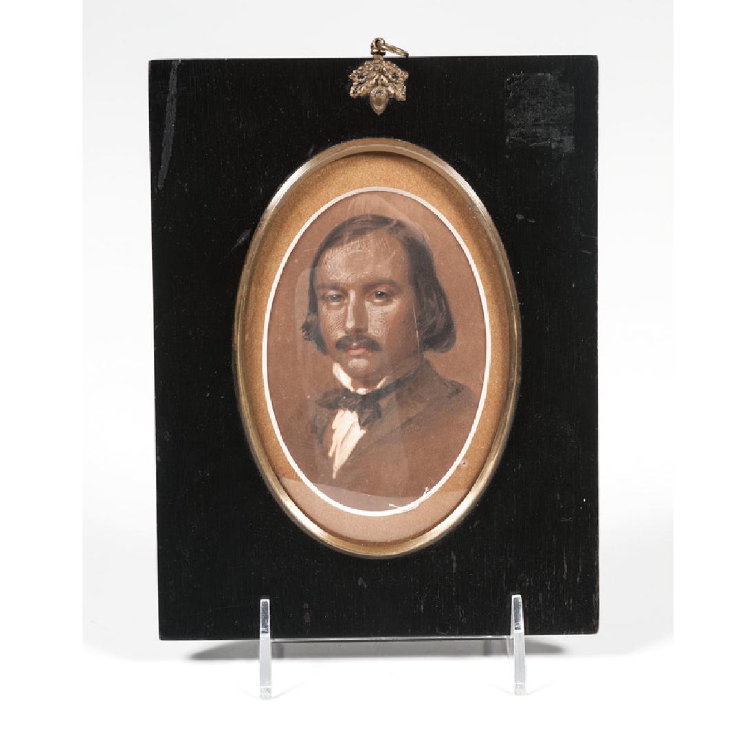Portrait of Gustav Flaubert, Watercolor & Gouache: Continental, 19th century. A hand-painted watercolor and gouache portrait of Gustav Flaubert, the celebrated author of the french classic Madame Bovary, as a young man. Unsigned. Framed and matted; 6 