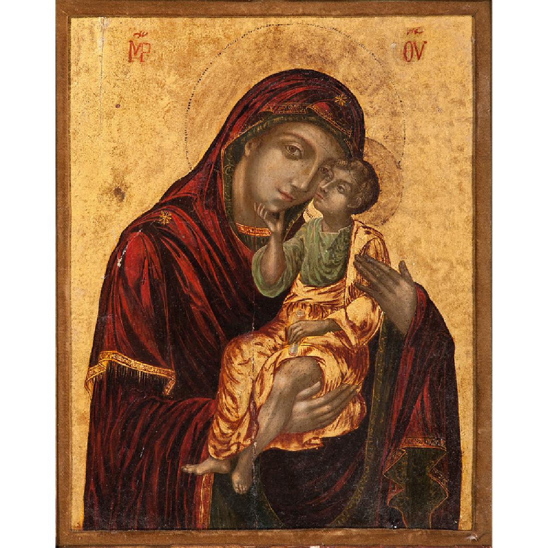 Russian Icon, Madonna with Child: Russian, 20th century. Tempera on wood. Marked MP u.l and OV u.r. Framed; 12.5 x 9.5 in. (sight), 16 x 13 in. (frame).
