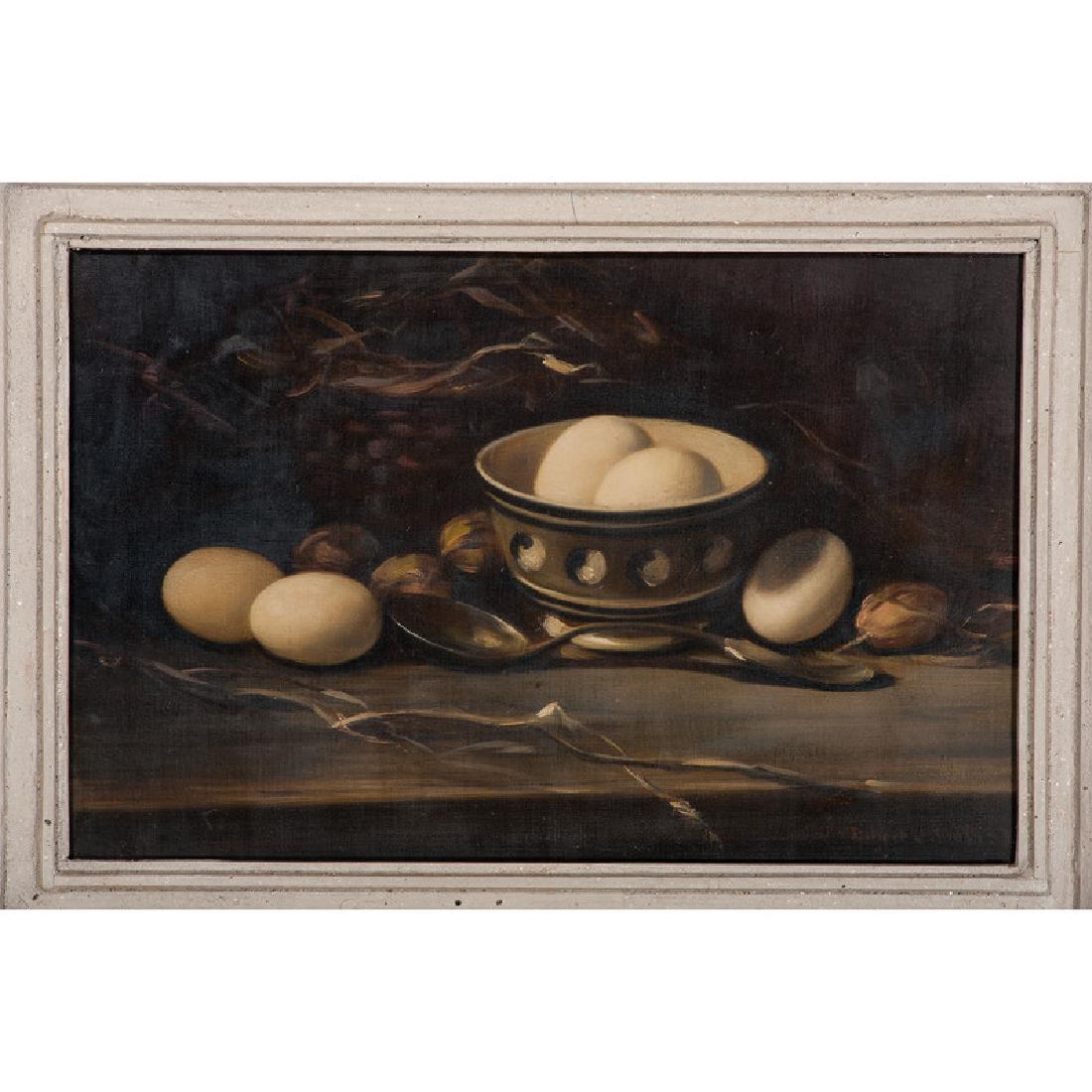 Still Life with Eggs and Spoon, Signed Smith: 20th century. Oil on canvas, framed. A still life with eggs and spoon, signed Robert J. Smith l.r.; 19.5 x 12.5 in. (sight), 26 x 19 in. (frame). Provenance: Property from the Estate of Julie Parrott 