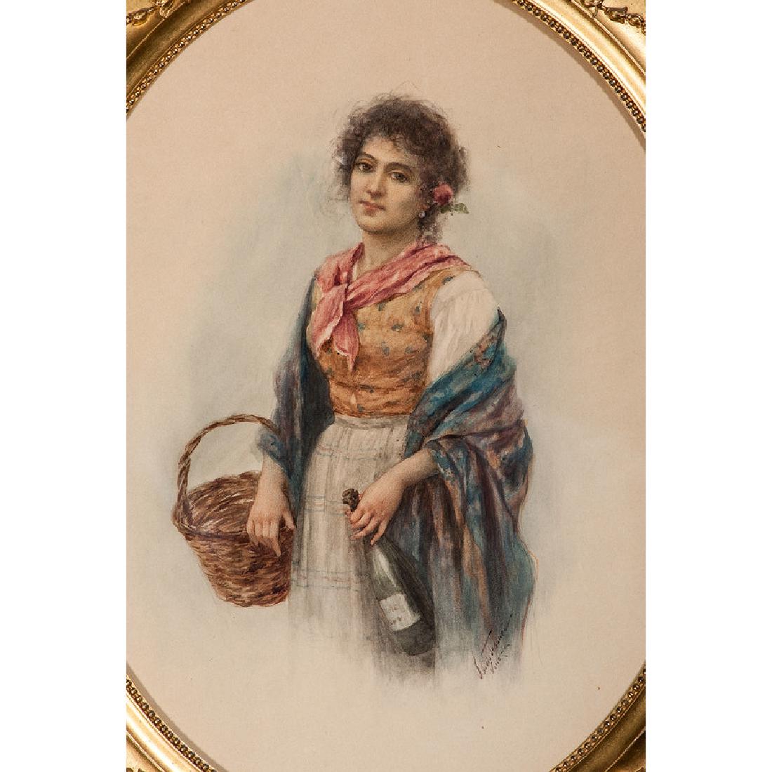 Vittorio Tessari (Italian / American, 1860-1940): Portrait of Young Girl with Basket watercolor on paper signed and inscribed Venezia l.r. housed in an ornate oval gilt frame, under glass 16 x 12.5 in. (sight) 22 x 16.75 in. (frame)